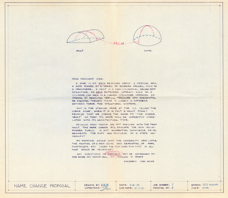 Letter to President Richard Gibb pointing out that the Kibbie Dome should properly be called "the Kibbie Vault," as it is not a dome.