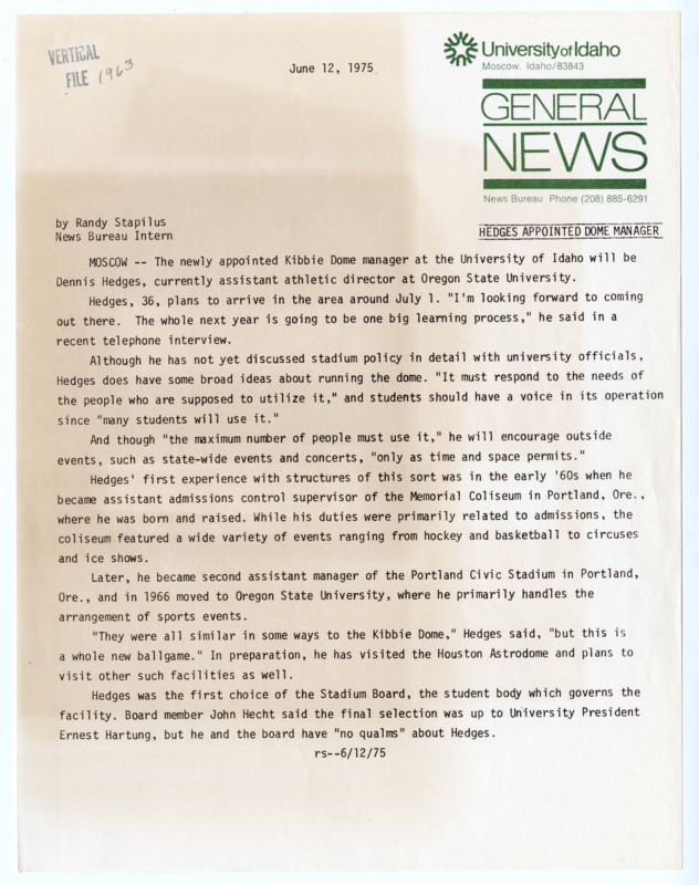 "Hedges Appointed Dome Manager". Article for the University of Idaho General News by Randy Stapilus, June 12, 1975.