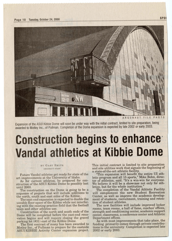 "Construction begins to enhance Vandal athletics at Kibbie Dome". Article by Gary Smith for the Argonaut student newspaper, Tuesday, October 24, 2000.