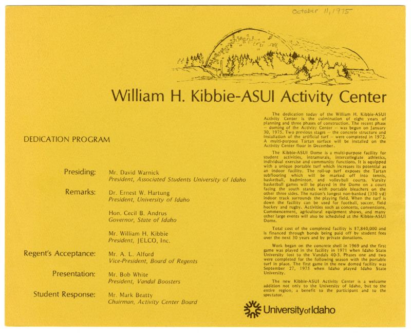 William H. Kibbie-ASUI Activity Center dedication program. 2 pages.