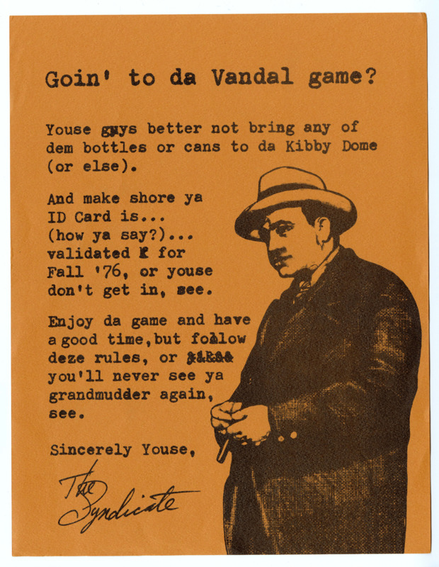 Mafia-themed notice about alcohol ban in Kibbie Dome