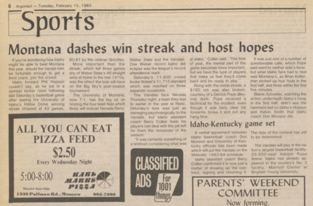 "Montana dashes win streak and host hopes". Article in the Argonaut student newspaper, February 15, 1983.