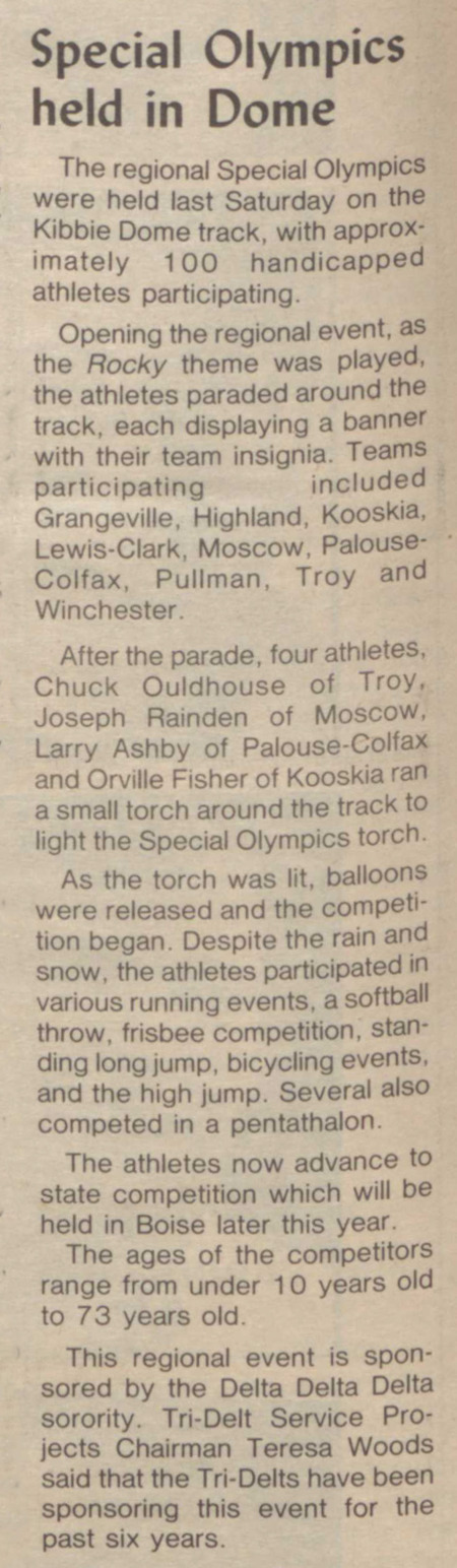 "Special Olympics held in Dome". Article in the Argonaut student newspaper, April 12, 1983.