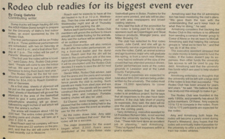 "Rodeo club readies for its biggest event ever". Article by Craig Gerhke for the Argonaut student newspaper, April 12, 1983.