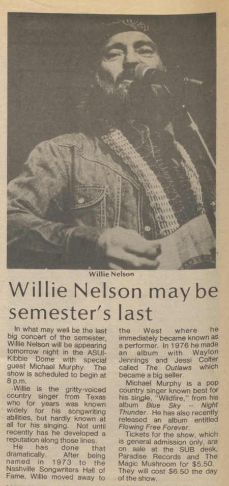 "Willie Nelson may be semester's last". Article in the Argonaut student newspaper, April 15, 1977.