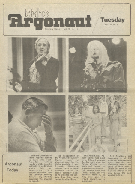 "President Ernest Hartung, Edgar Winter, fall fashions, and Ed Troxel; Crowd rocks and rolls with Winter". September 30, 1975, issue of the Argonaut student newspaper. 2 pages.