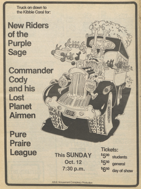 New Riders of the Purple Sage, Commander Cody and his Lost Planet Airmen, and Pure Prairie League. Advertisement for a concert in the Kibbie Dome, to be held October 12, 1975.