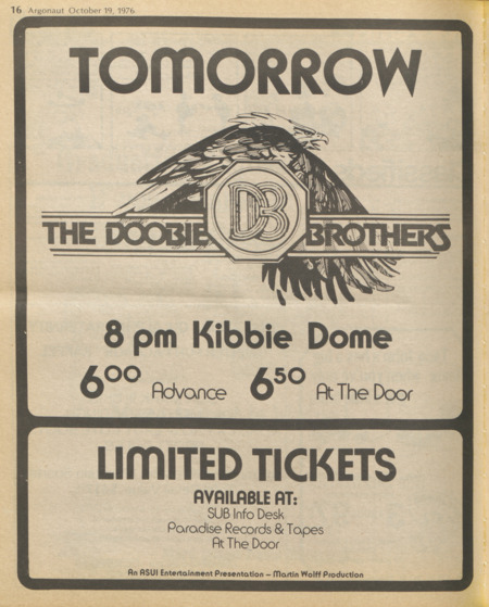Tomorrow The Doobie Brothers. Advertisement in the Argonaut student newspaper for an October 20, 1976, Doobie Brothers concert in the Kibbie Dome.