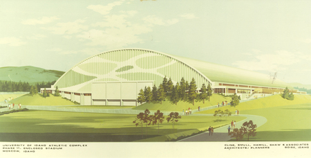 A color architectural drawing of a building with an arched roof that encloses a football field and stands. One end wall is removed to show the building interior.