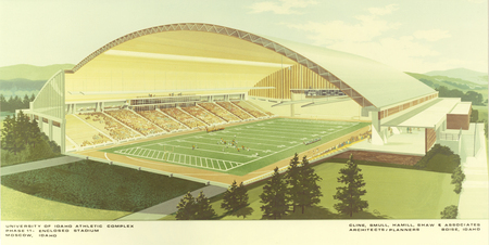 A color architectural drawing of a building with an arched roof and green and white blobby decorations painted on the end wall.