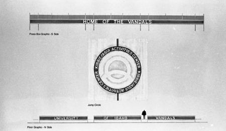 Black and white depiction of art and signage for a basketball court.