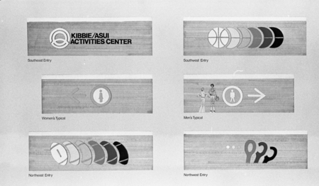 Black and white depiction of art and signage for a sports stadium. Images are labeled "KIBBIE/ASUI ACTIVITIES CENTER" for "Southeast Entry", a series of basketball images for "Southwest Entry", a woman symbol and arrow for "Women's Typical", a basketball player and another person for "Men's Typical", a series of footballs for "Northeast Entry", and a series of balls and racquets for "Northwest Entry".
