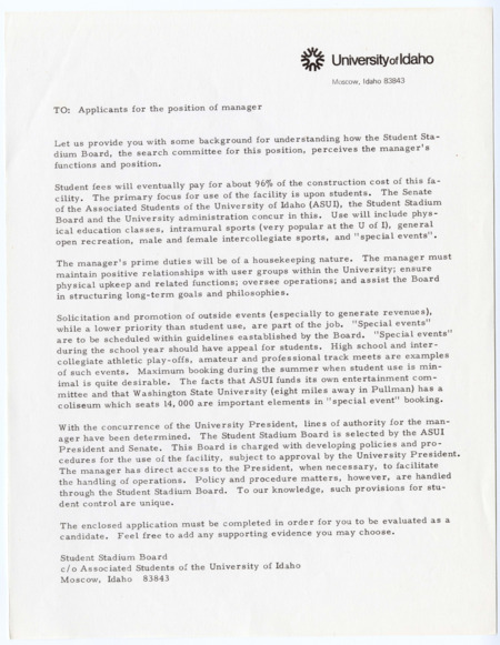 To: Applicants for the position of manager. Letter from the Student Stadium Board.