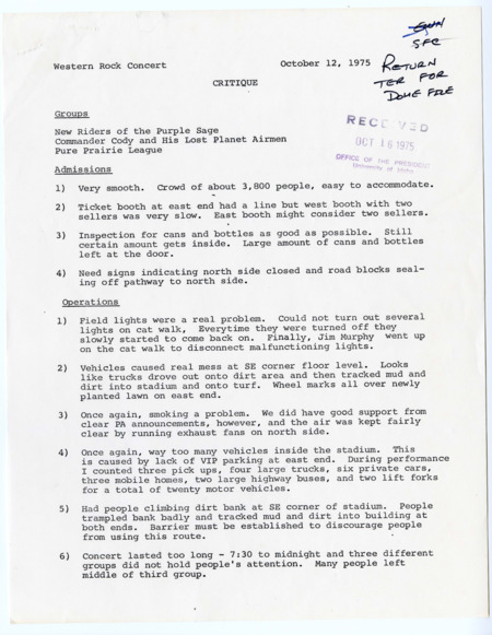 Western Rock Concert Critique. Memo outlining how a concert in the Kibbie Dome went from a facilities operation perspective. 2 pages.