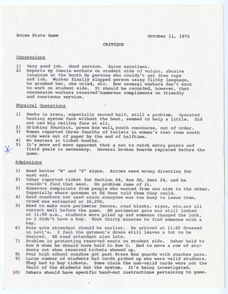 Memo detailing how the October 1975 University of Idaho vs. Boise State University football game went from a facility operations perspective. 2 pages.