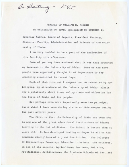 Remarks by William H. Kibbie during the dedication of the Kibbie Dome during the October 11, 1975 dedication. 3 pages.