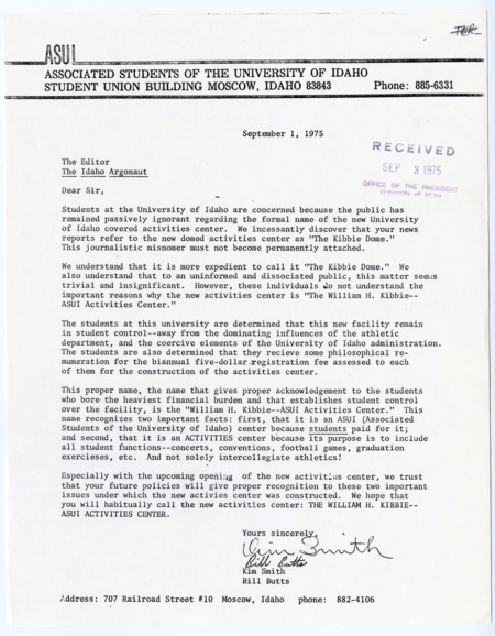 ASUI letter to the Argonaut regarding dome name, expressing concern that overuse of the term "The Kibbie Dome" failed to acknowledge the ASUI's role in funding and supporting the building.