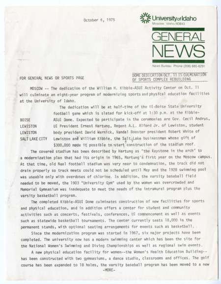 "Dome Dedication Oct. 11 is Culmination of Sports Complex Rebuilding." Article for the University of Idaho General News, October 6, 1975. 2 pages.