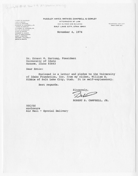 William H. Kibbie letter to Ernest Hartung re: pledge of money. 2 pages.