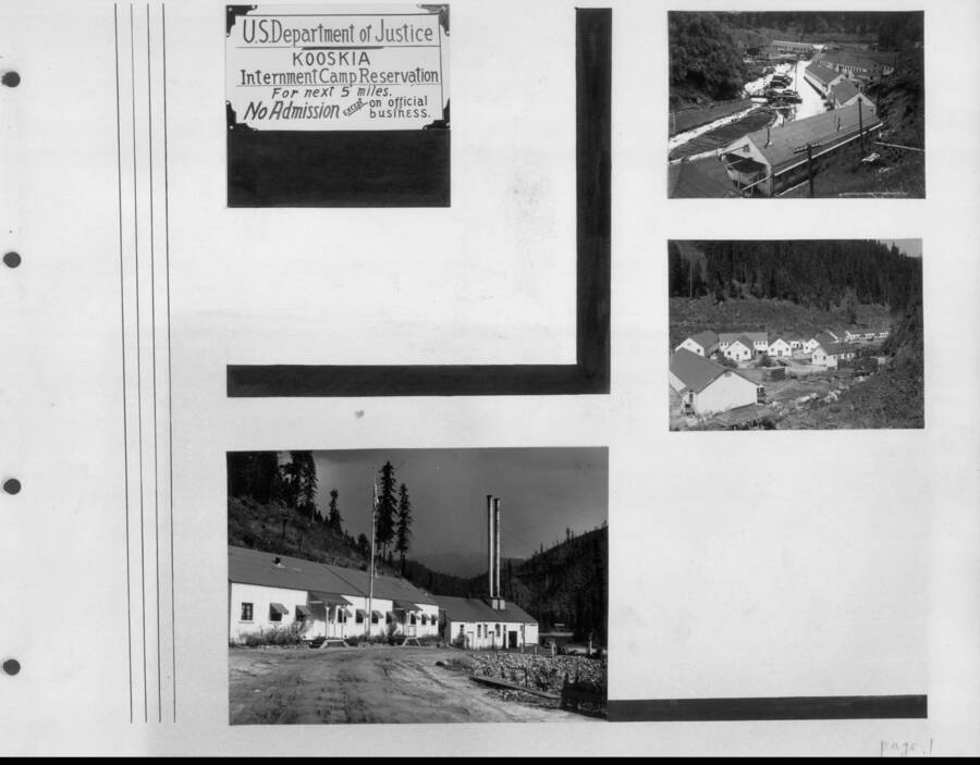 A collection of photographs of the buildings at the camp with a photo of the sign as one is entering the camp area. Photo taken from 12-3/4 x 15-1/4 Photograph album of the Kooskia Japanese Internment Camp.
