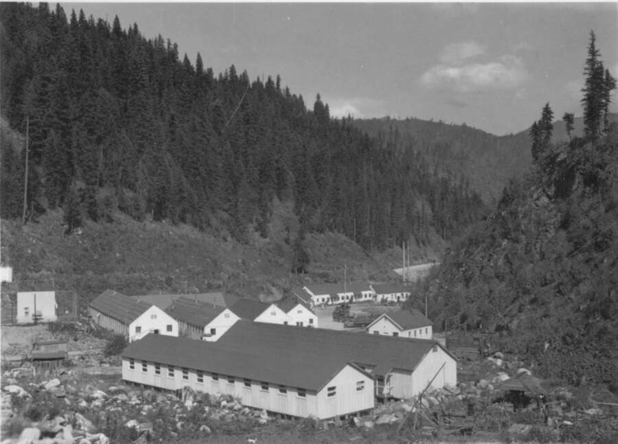 Image of buildings at Kooskia Internment Camp. Photo taken from 12-3/4 x 15-1/4 Photograph album of the Kooskia Japanese Internment Camp.