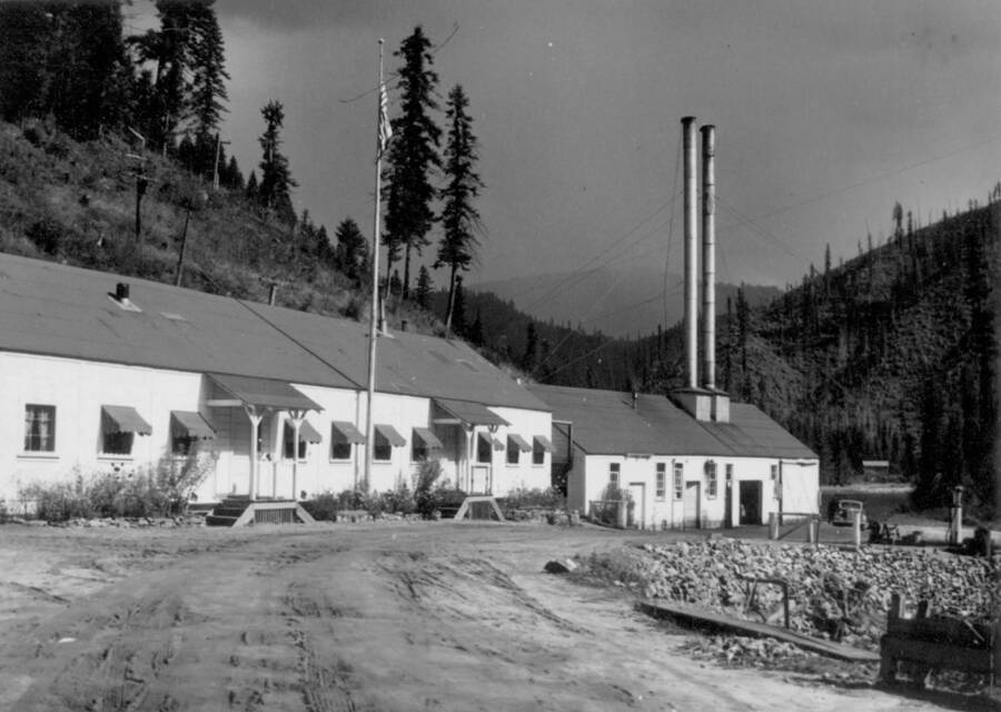 Image of buildings at Kooskia Internment Camp. Photo taken from 12-3/4 x 15-1/4 Photograph album of the Kooskia Japanese Internment Camp.