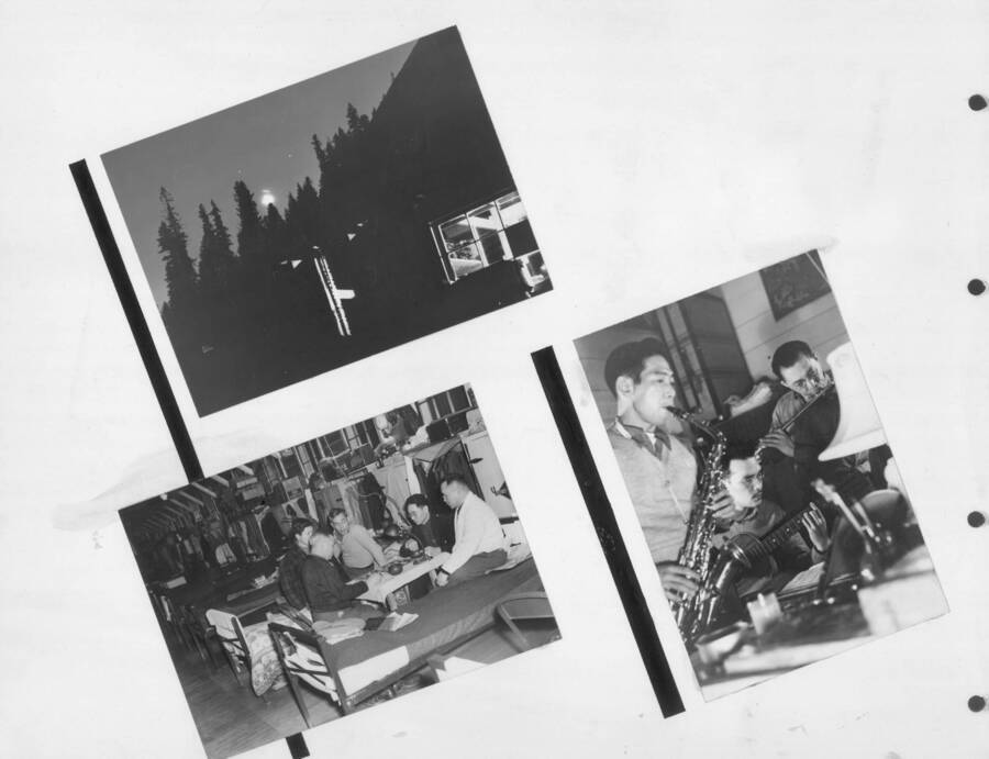 Men doing various activities during their leisure time. Photo taken from 12-3/4 x 15-1/4 Photograph album of the Kooskia Japanese Internment Camp.