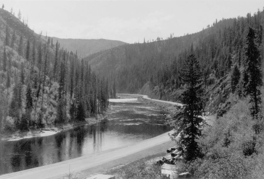 Image of road by Lochsa Lochsa River at Kooskia Internment Camp.. Photo taken from 12-3/4 x 15-1/4 Photograph album of the Kooskia Japanese Internment Camp.