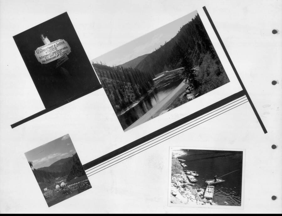 Views of the surrounding area near the Kooskia Internment Camp, including the sign at the entrance of the camp and a man fishing in a boat. Photo taken from 12-3/4 x 15-1/4 Photograph album of the Kooskia Japanese Internment Camp.