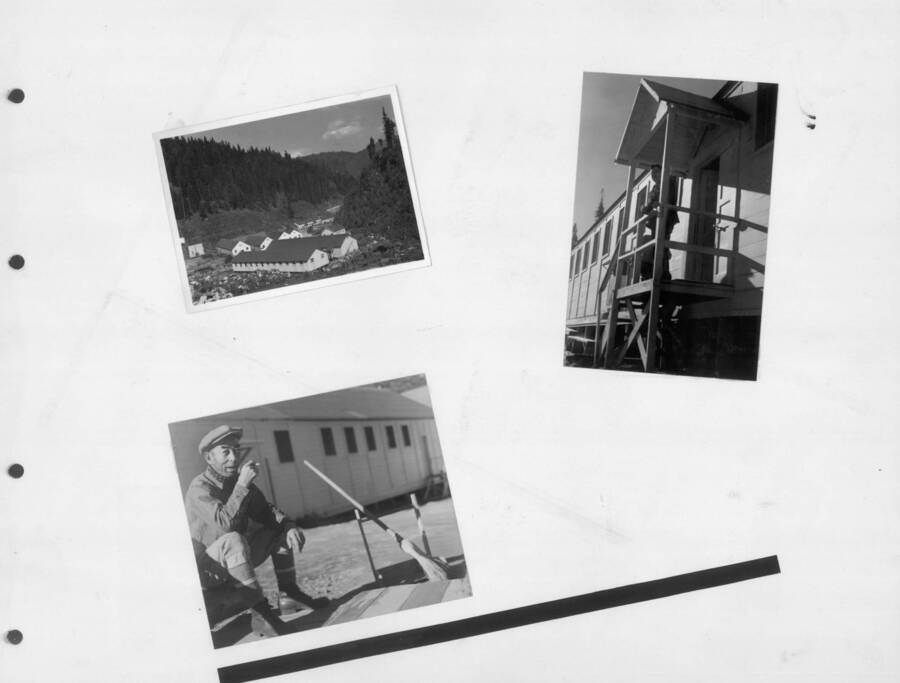 Various buildings around the Kooskia Internment Camp. Photo taken from 12-3/4 x 15-1/4 Photograph album of the Kooskia Japanese Internment Camp.