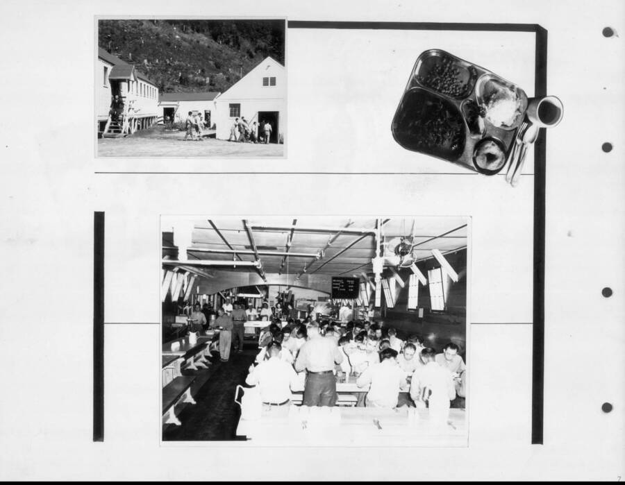 Photographs taken of the camp cafeteria. Photo taken from 12-3/4 x 15-1/4 Photograph album of the Kooskia Japanese Internment Camp.