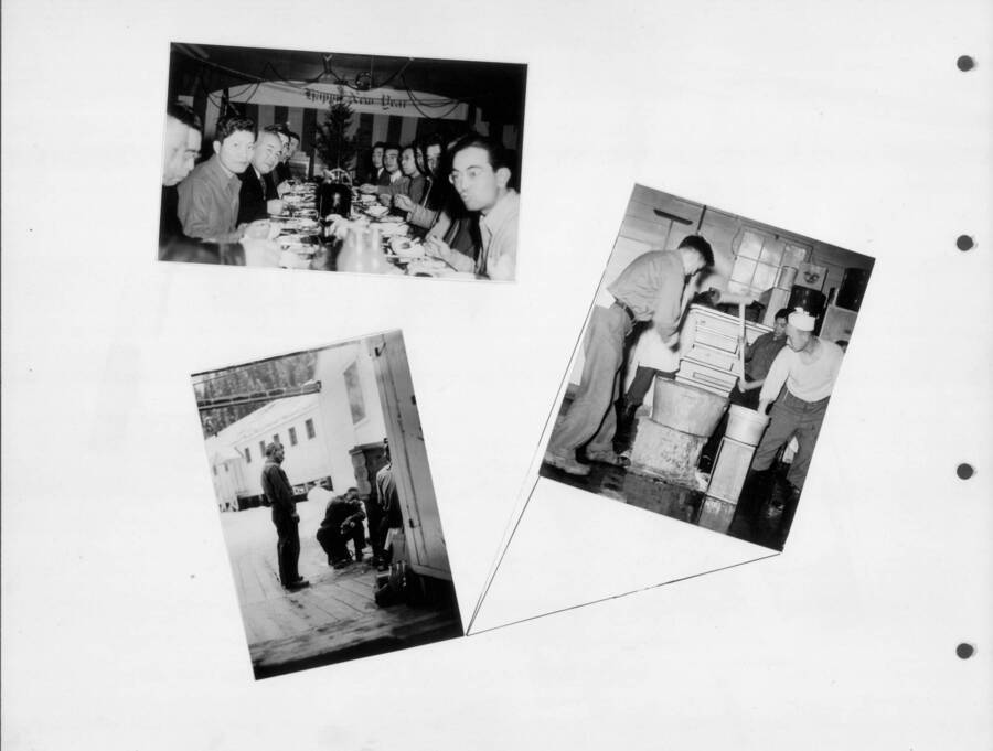 New Year Banquet. Photo taken from 12-3/4 x 15-1/4 Photograph album of the Kooskia Japanese Internment Camp.