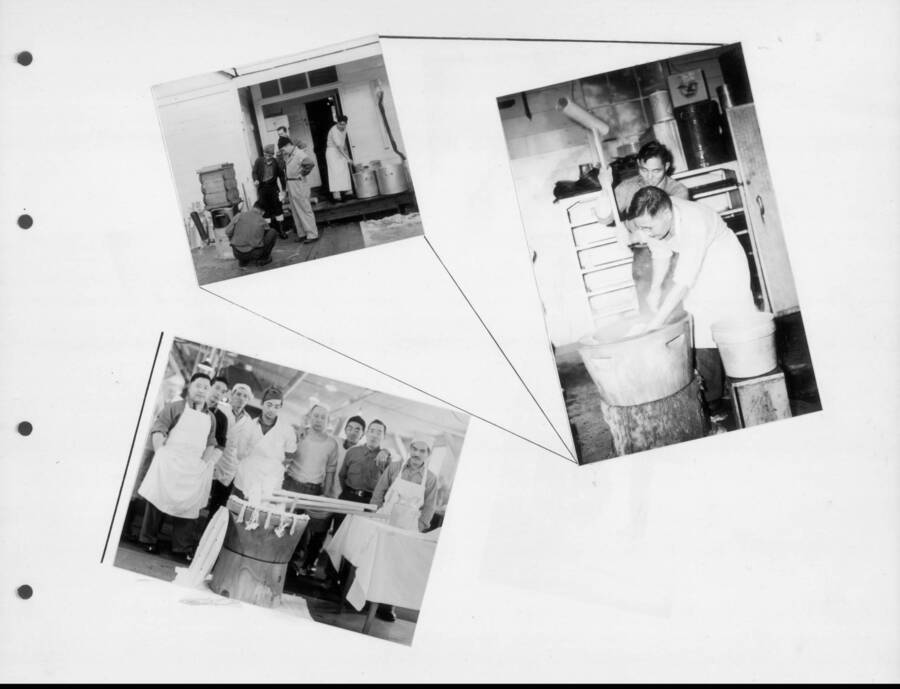 Photos of the preparations for the New Year's celebration from a single page of the Kooskia Internment Camp Scrapbooks. Photo taken from 12-3/4 x 15-1/4 Photograph album of the Kooskia Japanese Internment Camp.