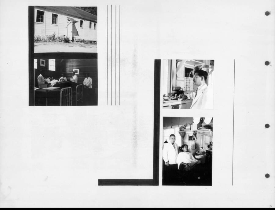 Photographs of the medical facilities at the Kooskia Internment Camp, including the sick ward, infirmary, and dentists office. Photo taken from 12-3/4 x 15-1/4 Photograph album of the Kooskia Japanese Internment Camp.