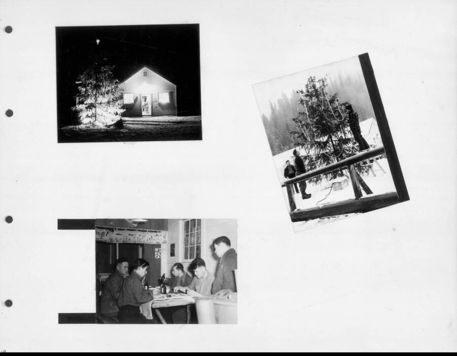 Christmas scenes, including decorating the Christmas tree for the camp. Photo taken from 12-3/4 x 15-1/4 Photograph album of the Kooskia Japanese Internment Camp.