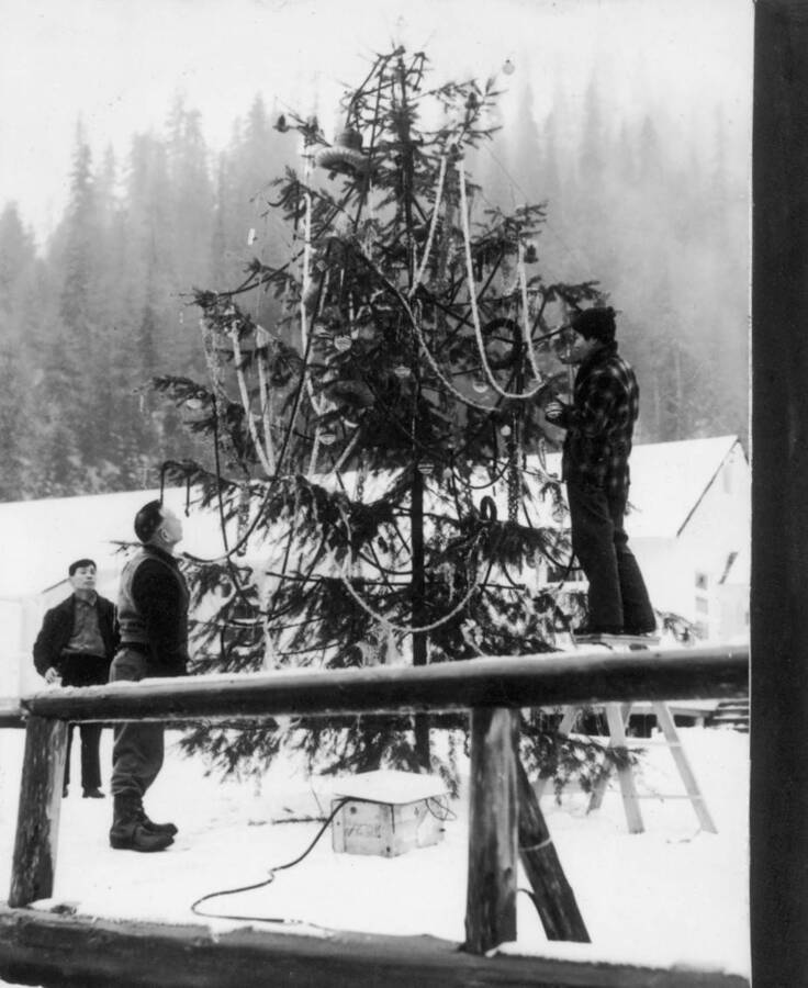 Image of three men putting lights and Christmas decorations on tree in winter at Kooskia Internment Camp. Photo taken from 12-3/4 x 15-1/4 Photograph album of the Kooskia Japanese Internment Camp.