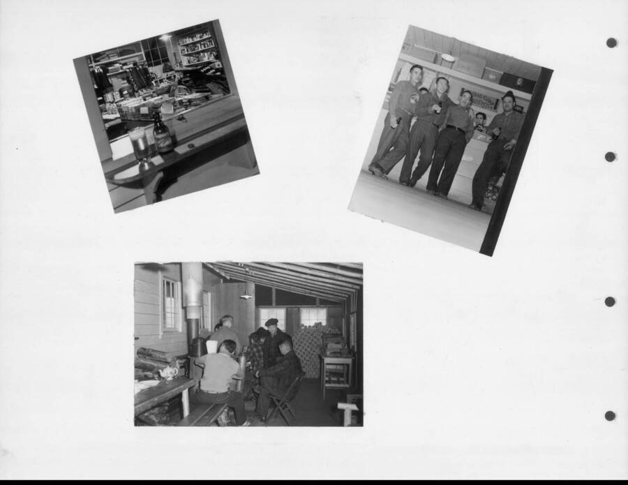 Interior shots of Kooskia camp canteen, including a look into the back room. Photo taken from 12-3/4 x 15-1/4 Photograph album of the Kooskia Japanese Internment Camp.