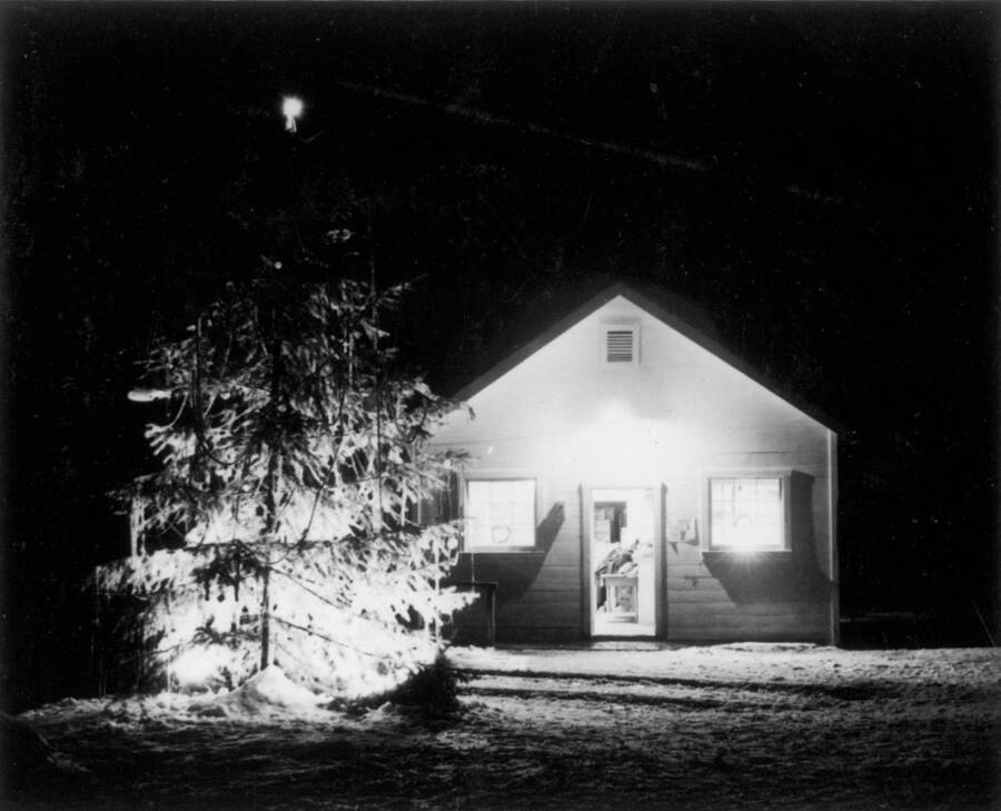 Exterior view of building and Christmas tree with lights on at night at the Kooskia Internment Camp. Photo taken from 12-3/4 x 15-1/4 Photograph album of the Kooskia Japanese Internment Camp.