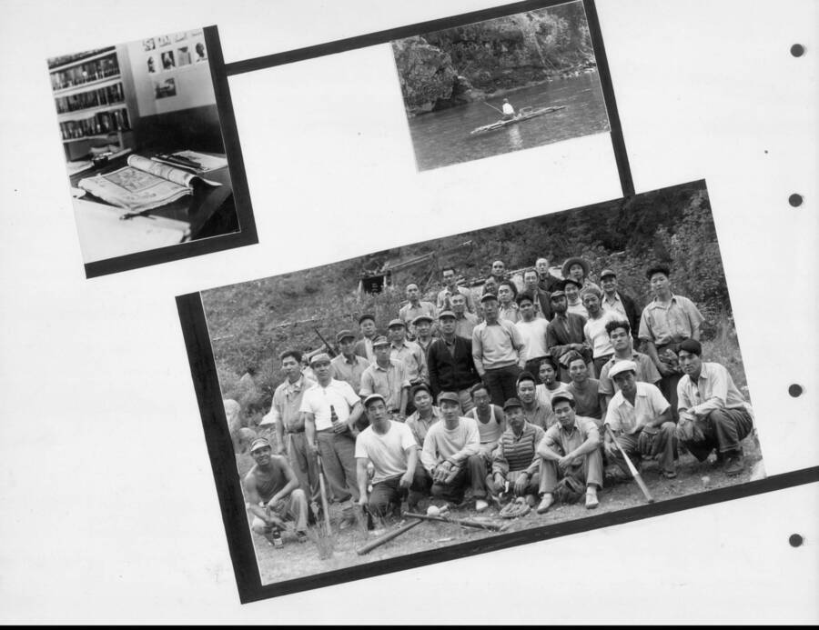 A collection of photographs showing what the men of the camp did with their leisure time. Photo taken from 12-3/4 x 15-1/4 Photograph album of the Kooskia Japanese Internment Camp.