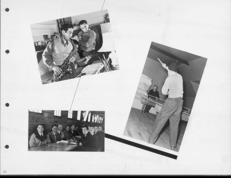 A collection of photographs showing what the men of the camp did during their leisure time, including playing musical instruments, table tennis, and attending meetings. Photo taken from 12-3/4 x 15-1/4 Photograph album of the Kooskia Japanese Internment Camp.