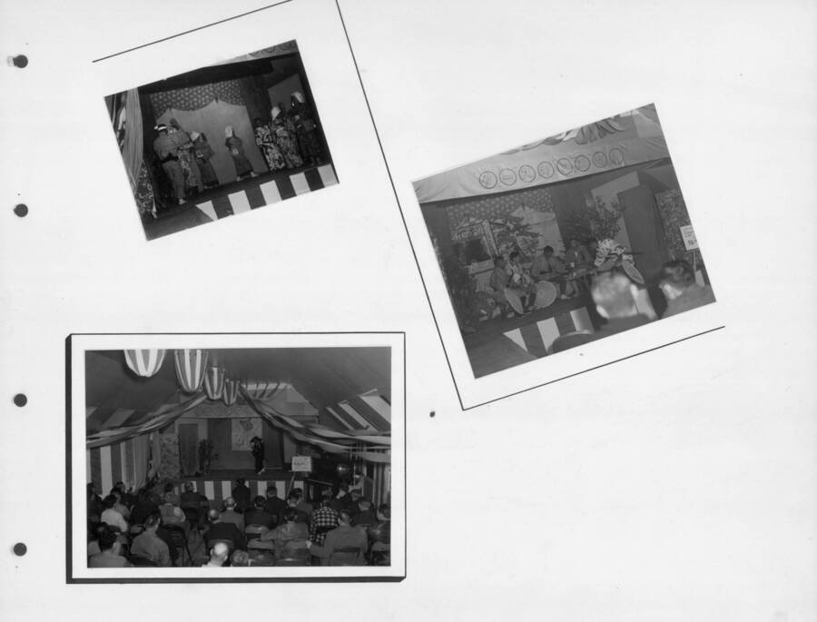 Photographs of stage performances put on by men from the camp. Photo taken from 12-3/4 x 15-1/4 Photograph album of the Kooskia Japanese Internment Camp.