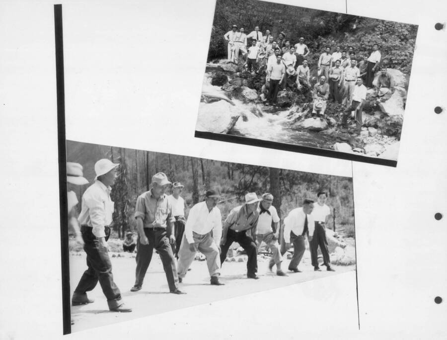 Anniversary picnic page of the scrapbook, with a group photograph and a picture of the start of the footrace. Photo taken from 12-3/4 x 15-1/4 Photograph album of the Kooskia Japanese Internment Camp.