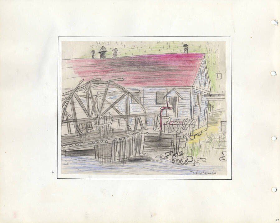 This item is  a drawing of building and bridge at Kooskia Internment Camp signed by Toshio Sumida.. Photo taken from 12-3/4 x 15-1/4 Photograph album of the Kooskia Japanese Internment Camp.