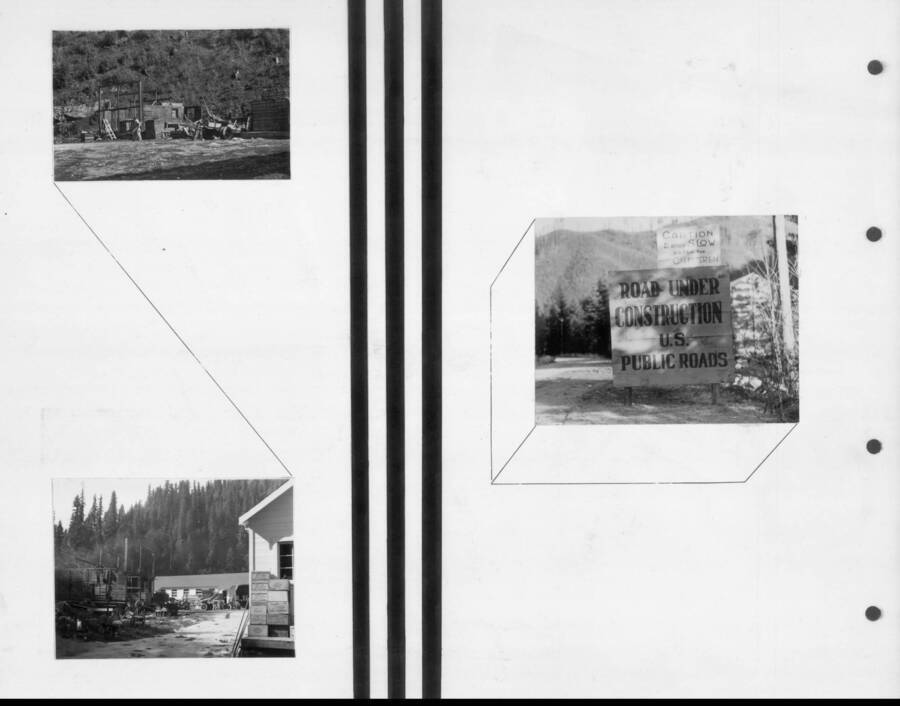 Photographs of some of the construction projects, and the warning sign posted on the highway during road construction. Photo taken from 12-3/4 x 15-1/4 Photograph album of the Kooskia Japanese Internment Camp.