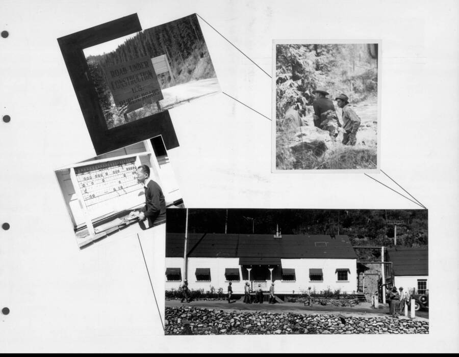 Various photographs of different work projects done around the camp. Photo taken from 12-3/4 x 15-1/4 Photograph album of the Kooskia Japanese Internment Camp.