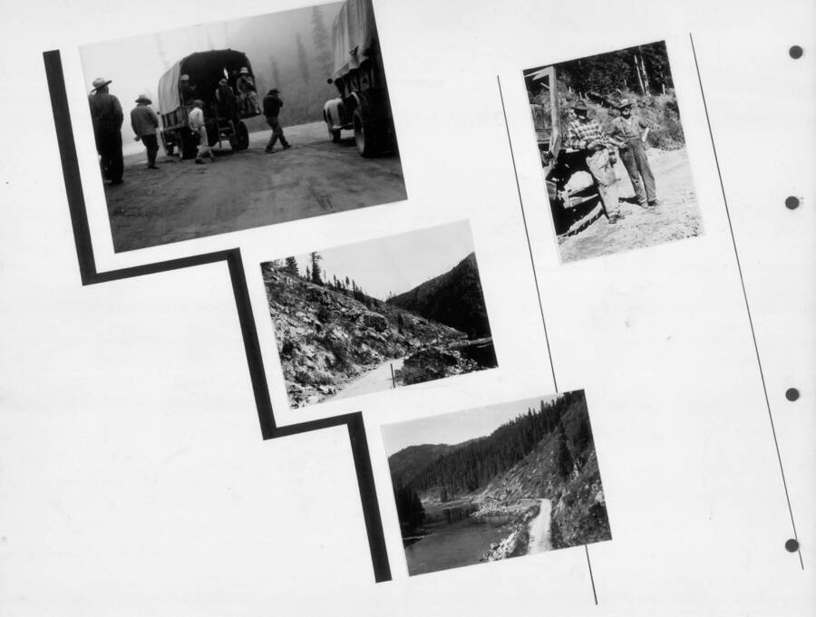 A collection of photographs depicting the road construction projects in various stages of completiong, including a photograph of the sign posted on the road to notify motorists of construction projects. Photo taken from 12-3/4 x 15-1/4 Photograph album of the Kooskia Japanese Internment Camp.