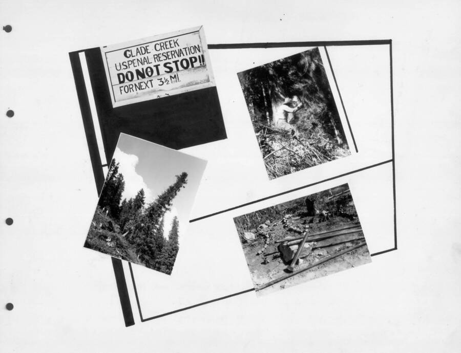 Various timber related projects around the Kooskia area, including a road sign designating the area as a US Penal Reservation area telling motorists to not stop for the next 3.5 miles. Photo taken from 12-3/4 x 15-1/4 Photograph album of the Kooskia Japanese Internment Camp.