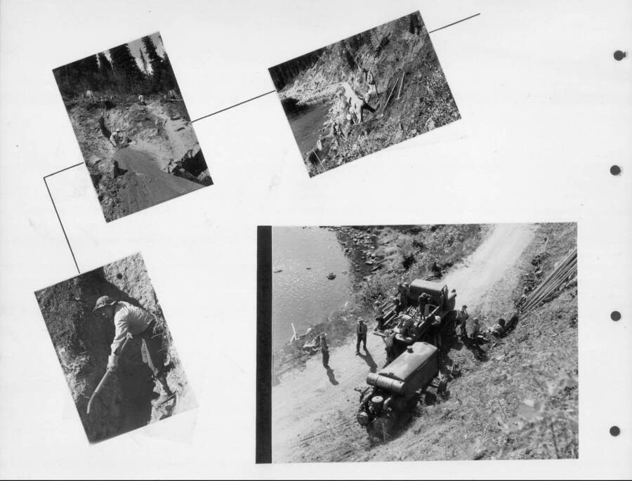 A collection of photographs showing interned workers digging at different construction projects around the Internment Camp. Photo taken from 12-3/4 x 15-1/4 Photograph album of the Kooskia Japanese Internment Camp.