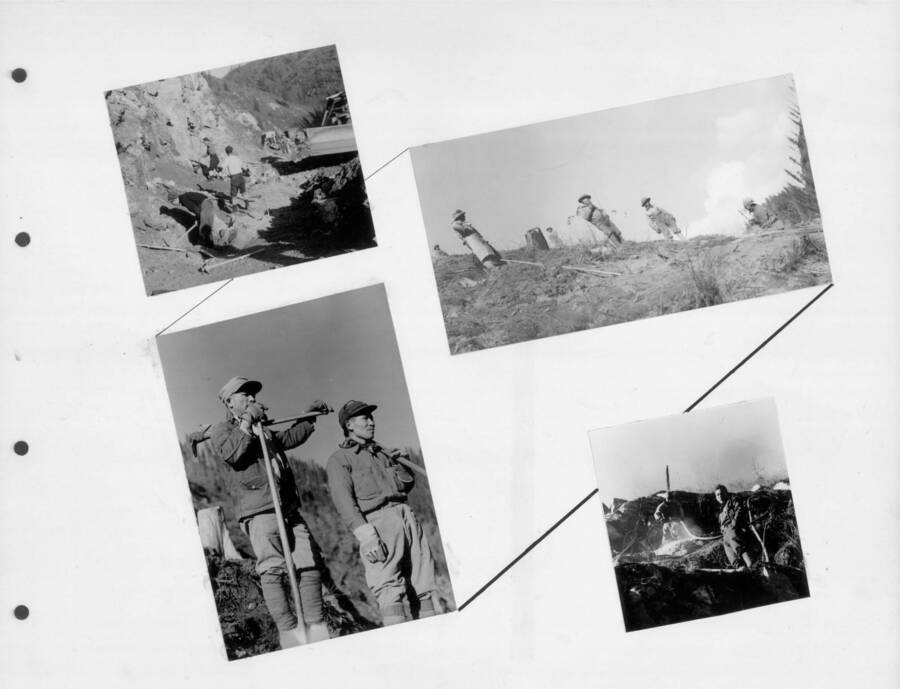 Photographs of interned workers during hillside construction projects. Photo taken from 12-3/4 x 15-1/4 Photograph album of the Kooskia Japanese Internment Camp.