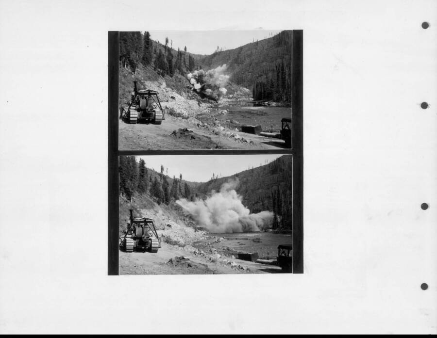 Road construction projects often included blasting rock faces from the hillside to expand narrow turns and make roads passable. Photo taken from 12-3/4 x 15-1/4 Photograph album of the Kooskia Japanese Internment Camp.